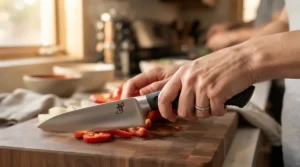 The comfortable grip of a left handed chef knife for lefty home cooks showing ergonomic handle contours for left-hand use.