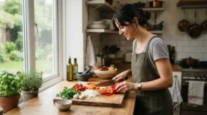 A lefty home cook efficiently slicing yellow onions with a left handed chef knife for lefty home cooks in a modern American kitchen.