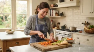 Preparing weekend dinner ingredients with a reliable left handed chef knife for lefty home cooks.