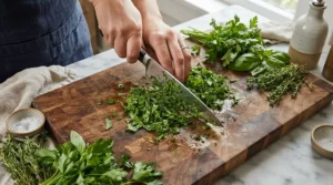 Finely mincing fresh basil with a left handed chef knife for lefty home cooks on a maple cutting board.