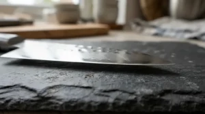Close-up of a left handed chef knife for lefty home cooks demonstrating the blade edge angle for left-handed precision cutting.