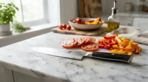 A left handed chef knife for lefty home cooks resting next to prepped vegetables showcasing its balanced blade edge.